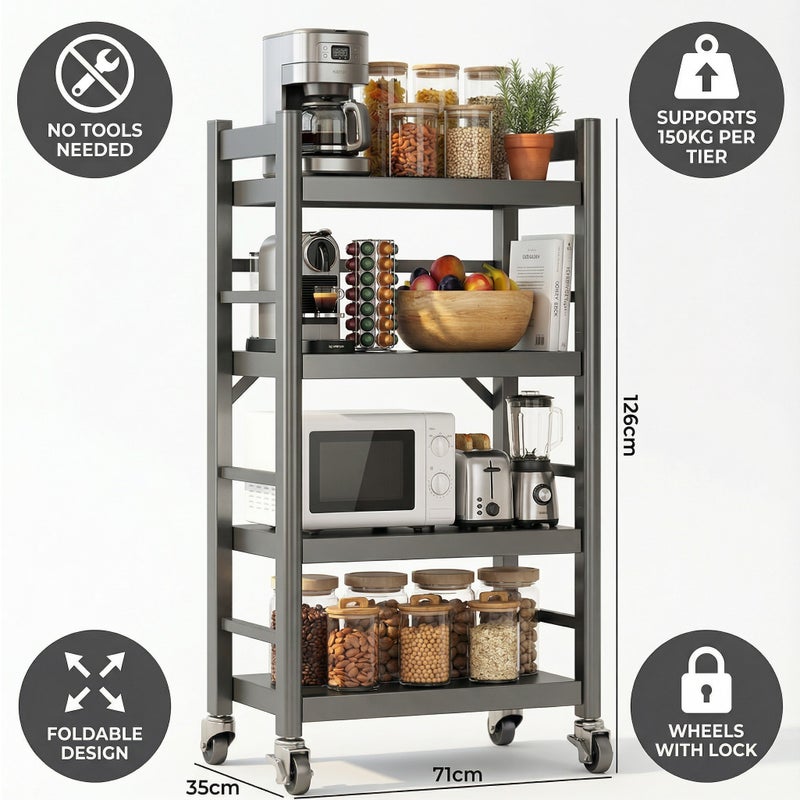 رفّ تخزين للمطبخ معدني 4 طبقات ، قوي مع عجلات وقفل، وحدة تنظيم قابلة للطي للمطبخ والمرآب والمخزن - منظم سعة كبيرة - Image 1